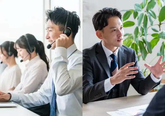 ヘッドセットを装着して対応するオペレーターと対面で商談をするビジネスパーソン