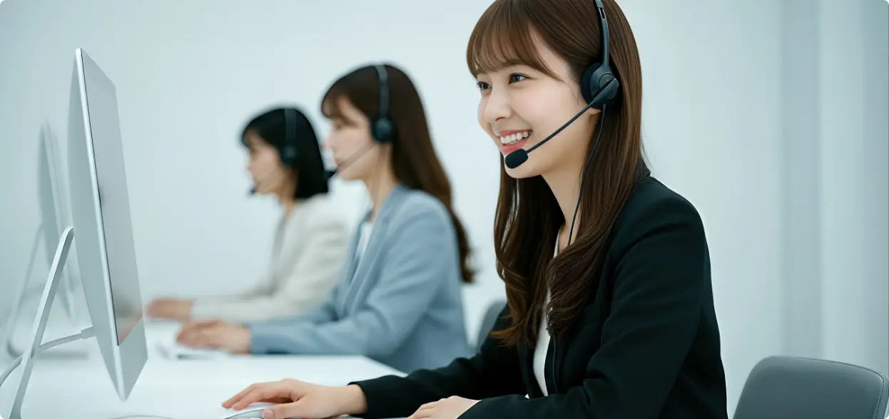 ヘッドセットを装着して笑顔で電話対応をするコンタクトセンターの女性オペレーターの画像